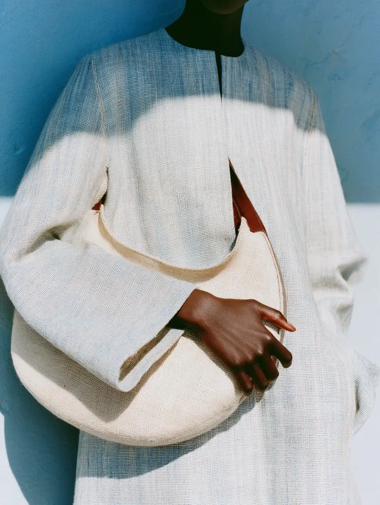 A model's dark hand holds a cream-colored half-moon bag. The bag is made of a textured fabric. The model is wearing a light-grey, long-sleeved textured coat.  Sunlight casts shadows on the model and coat, highlighting the fabric's texture. The backdrop is a vibrant blue wall. The overall aesthetic is minimalist and chic.