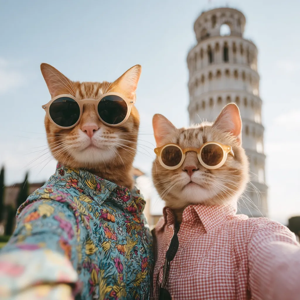 Two orange tabby cats, wearing sunglasses and stylish shirts, take a selfie in front of the Leaning Tower of Pisa.  The cat on the left sports a floral shirt, while the cat on the right wears a pink gingham shirt.  The cats appear cool and confident, enjoying their Italian adventure.  The background is sunny and bright, highlighting the iconic tower.