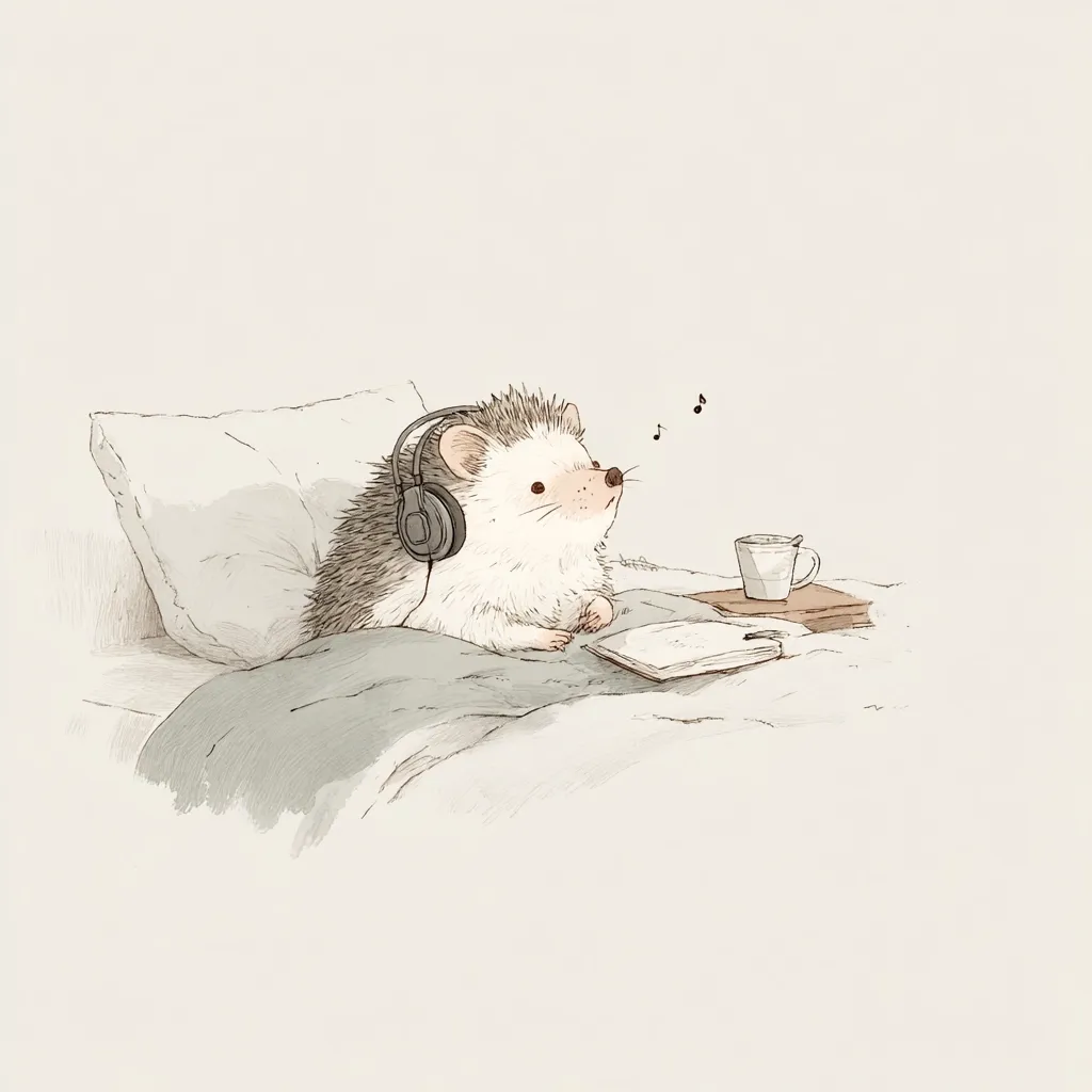 A charming illustration depicts a hedgehog nestled in bed, wearing headphones and seemingly enjoying music.  A small cup rests on a nearby book, suggesting a peaceful and cozy morning.  Musical notes float above the hedgehog, hinting at its enjoyment. The overall style is soft and whimsical, with muted colors creating a serene atmosphere.