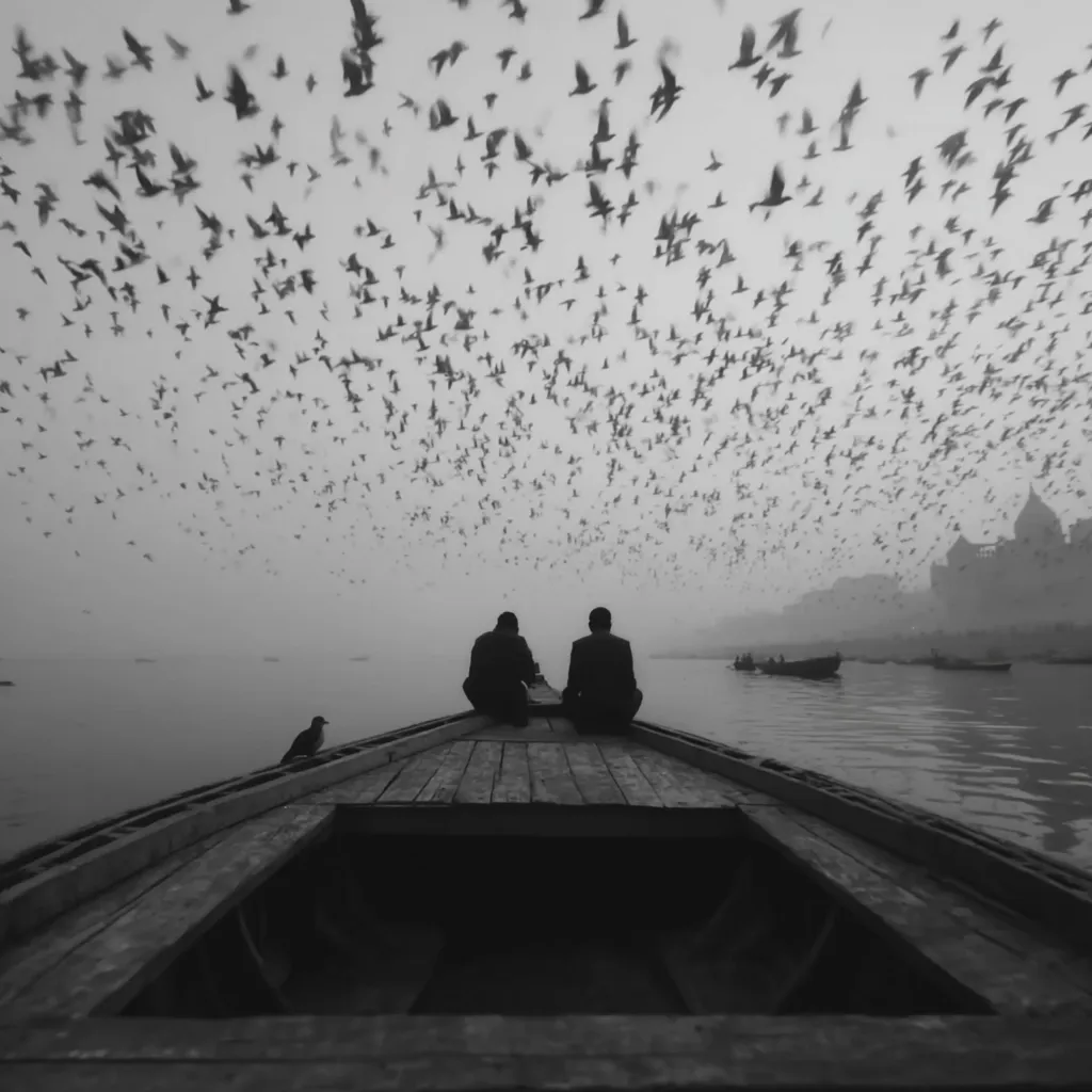 Two figures sit silently in the bow of a small wooden boat on a misty river.  Above them, a massive flock of birds fills the sky, creating a dramatic contrast against the hazy cityscape in the distance. The monochrome image evokes a sense of peace and contemplation, emphasizing the vastness of nature and the quiet solitude of the human figures.