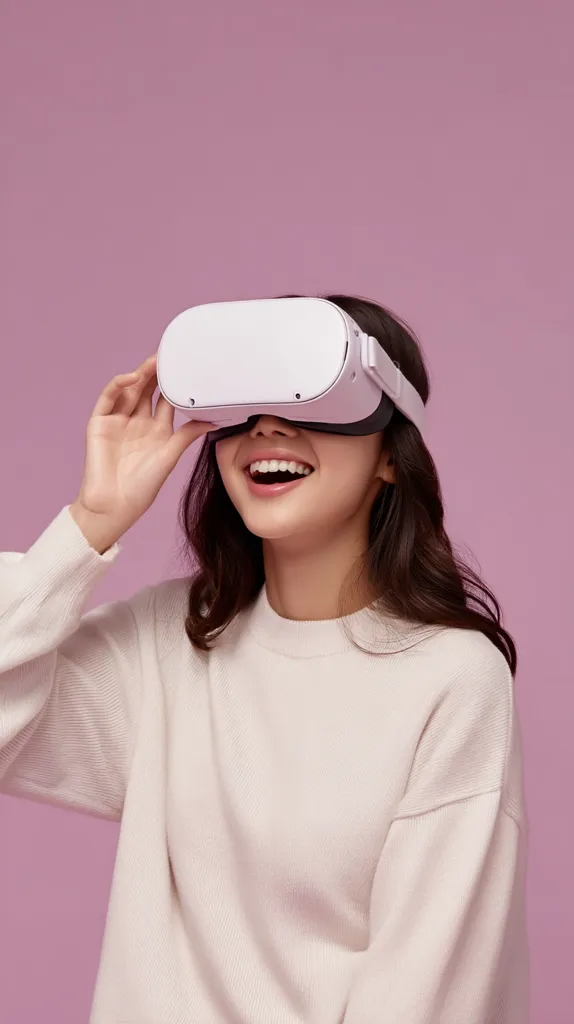 A young woman with long brown hair smiles broadly while wearing a white VR headset against a pink background.  She's dressed in a cream-colored sweater and gently holds the headset in place. Her joyful expression suggests an immersive and enjoyable virtual reality experience.