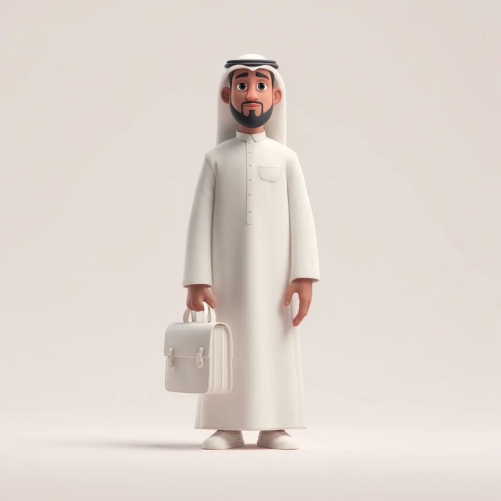 A 3D-rendered cartoon depiction of a man in traditional Emirati clothing. He wears a long white thobe and a white ghutra head covering. He carries a small, white briefcase. The figure has a neutral expression and stands against a plain white background. The style is simple and clean, with a focus on the figure's attire.
