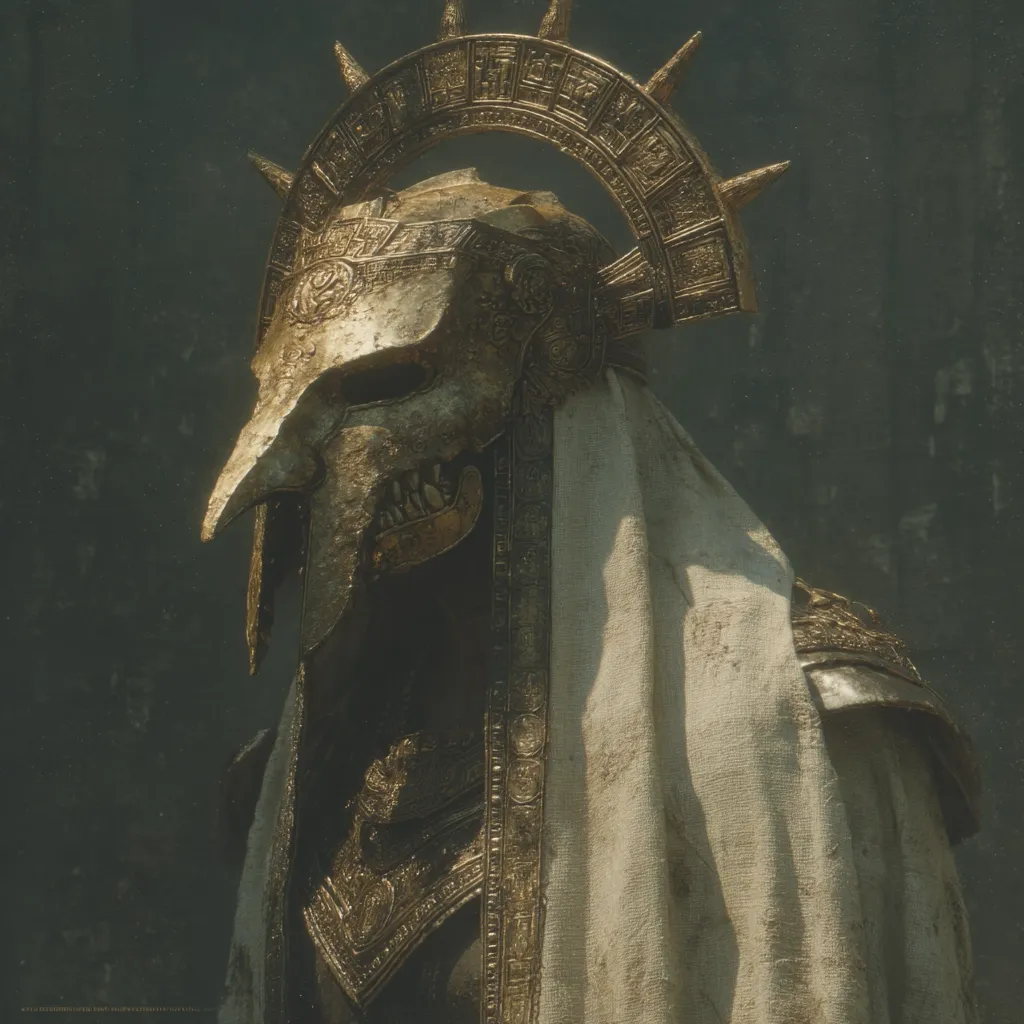 A digital artwork depicts a figure cloaked in a tattered, off-white garment, adorned with intricate golden armor and a helmet featuring a bird-like beak and fanged mouth.  The helmet is crowned by a large, ornate golden circlet with pointed rays. The overall aesthetic suggests an ancient, possibly religious or ceremonial, figure with a blend of regal and macabre elements. The muted color palette and textured surfaces enhance the sense of age and mystery.