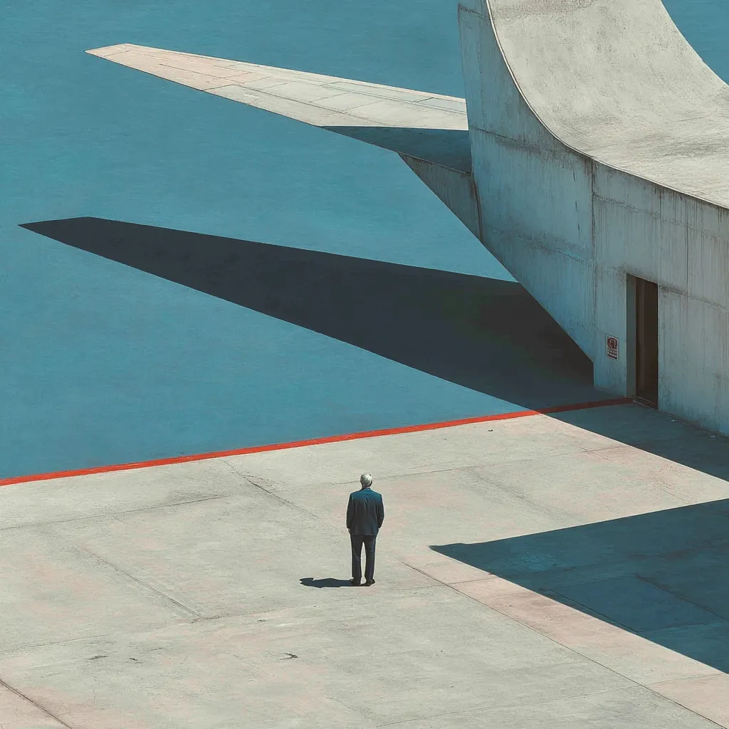 A man in a dark suit stands alone on a light gray tarmac, his back to the viewer.  A large, curved concrete structure, resembling part of an airplane wing, casts a dramatic shadow across a teal-painted surface.  A thin red line separates the tarmac from the painted area.  The scene is minimalist and evokes a sense of solitude and vastness.