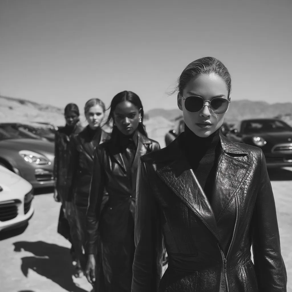 A black and white photograph shows four stylish women in leather coats standing in a desert setting near several luxury cars.  The woman in the foreground wears sunglasses and is sharply focused, while the others are progressively blurred in the background, creating a sense of depth and leading the eye to the central figure. The overall mood is sophisticated and powerful.
