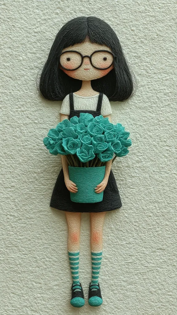 A meticulously crafted paper sculpture depicts a girl with dark bobbed hair and glasses, holding a teal pot filled with teal roses.  She's dressed in a black dress over a white shirt, and wears striped teal and white socks with teal shoes. The textured style gives the piece a charming, handmade quality. The girl's expression is serene and sweet. The background is a simple, textured off-white.