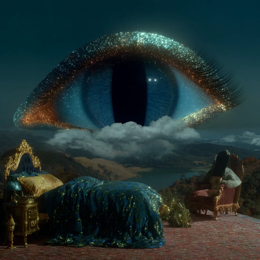 A giant, glittering eye, filled with cosmic dust and a deep blue iris, hovers above a cloud-covered landscape.  Below, a luxurious bedroom with a gold bed and ornate chair overlooks a serene valley and lake. The scene is surreal and dreamlike, suggesting a powerful, watchful presence observing a peaceful moment.  The overall atmosphere is dark, mysterious, and captivating.