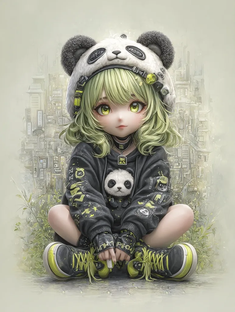 A digital painting of a cute anime-style girl with light green hair, sitting cross-legged. She wears a panda-themed hoodie and hat, black and yellow sneakers, and fingerless gloves.  A small panda is embroidered on her hoodie. The background is a muted cityscape, subtly depicted behind her.  The overall style is soft and whimsical.