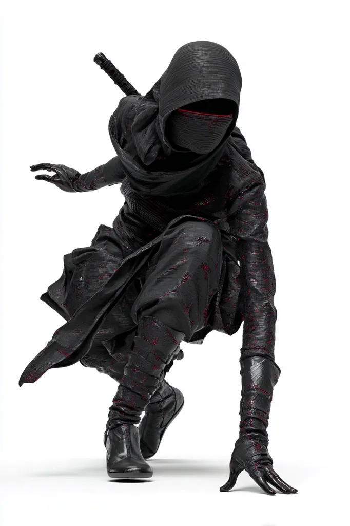 A digital rendering of a ninja, crouching low to the ground.  Clad in dark, textured clothing with hints of red, the ninja wears a hooded mask obscuring their face. A katana is sheathed on their back. The overall aesthetic is dark and mysterious, suggesting stealth and action. The figure's pose implies readiness and a potential strike.