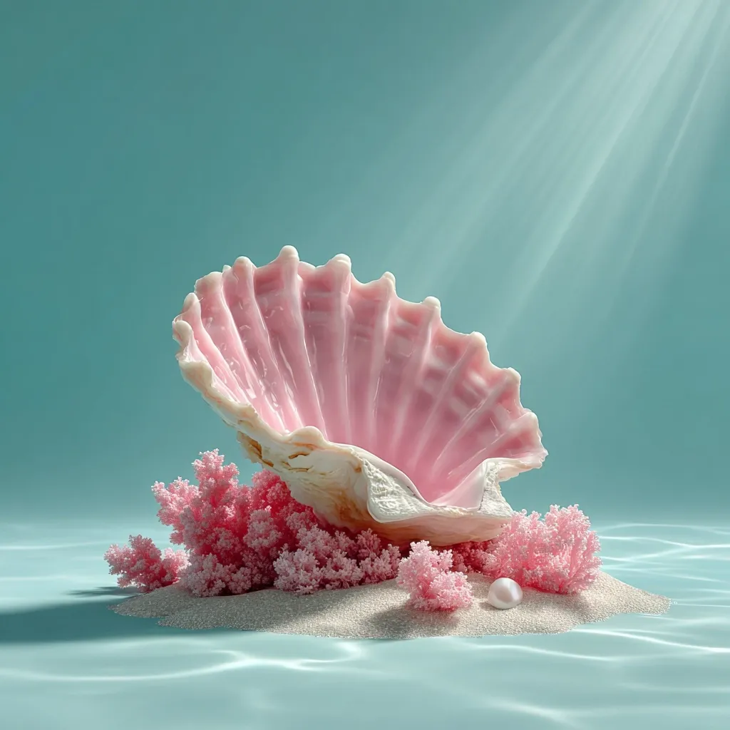 A large, pink scallop shell rests on a bed of white sand, nestled amongst delicate pink coral.  A single pearl lies near the base of the shell.  Sunlight streams down from above, illuminating the scene underwater, creating a serene and ethereal underwater tableau. The overall color palette is soft and pastel, enhancing the tranquil mood.