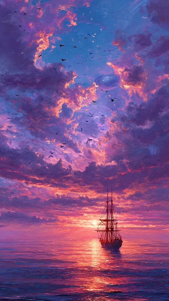A painting depicts a serene sunset scene.  A lone sailing ship glides across a calm, purple-hued ocean, silhouetted against a vibrant sky filled with pink, orange, and purple clouds.  Numerous birds fly across the sky, adding to the peaceful and magical atmosphere.  The colors are rich and saturated, creating a dreamy and captivating image.
