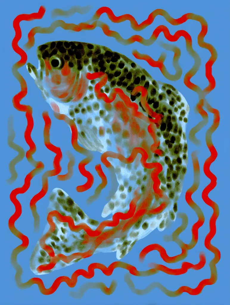 A stylized illustration depicts a trout swimming amidst vibrant red, wavy lines against a light blue background. The trout's detailed scales and coloring are visible, while the lines create a sense of movement and energy.  The overall effect is a dynamic and artistic representation of the fish in its aquatic environment.  The color palette is bold and contrasts sharply, making the image visually striking.