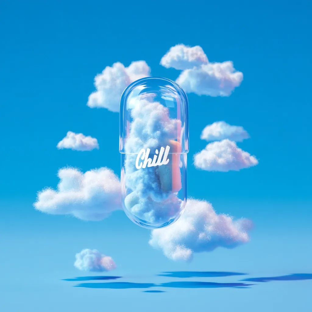 A large transparent capsule, labeled "Chill," floats amidst fluffy white clouds against a vibrant blue sky.  The capsule contains more clouds, creating a surreal and peaceful image. The scene evokes a feeling of serenity and relaxation, suggesting a metaphorical pill for calmness and tranquility.  The overall aesthetic is bright, dreamy, and visually striking.