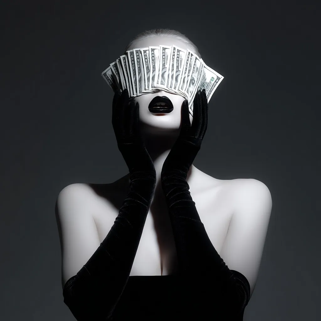 A monochromatic portrait of a woman with pale skin and dark lipstick.  She wears long black velvet gloves and holds a fan of US dollar bills over her eyes.  The image is stark and dramatic, emphasizing the contrast between the woman's pale complexion and the dark gloves and money.  The overall aesthetic is glamorous and mysterious.