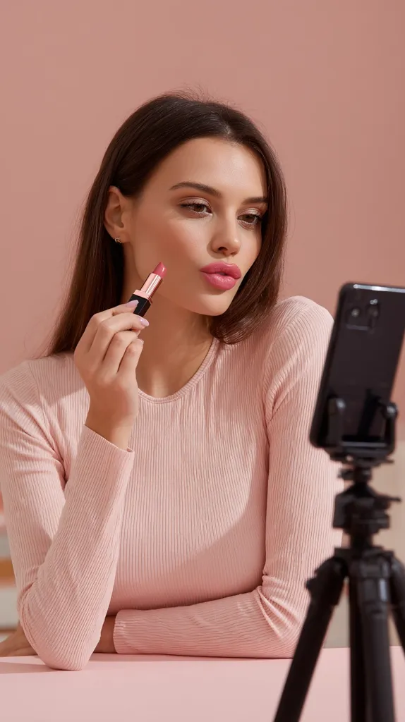 A young woman with long brown hair sits before a smartphone mounted on a tripod.  She holds a lipstick, poised to apply it, seemingly recording a makeup tutorial or vlog.  She's wearing a light pink ribbed top against a matching pastel pink background.  The overall scene is soft and well-lit, creating a calm and inviting atmosphere.