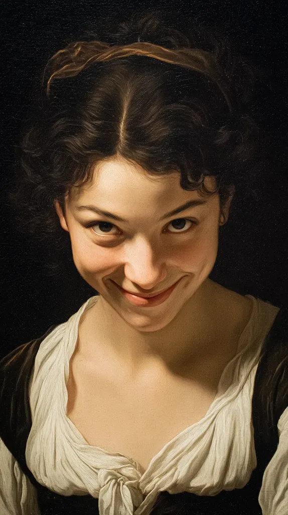 A close-up oil painting depicts a young woman with dark, curly hair partially pulled back by a brown headband.  She is wearing a low-cut, off-white blouse over a dark dress.  Her expression is a sly, knowing smile, her gaze directed slightly downward and to the side. The painting's rich tones and detailed brushstrokes highlight the subject's features and the texture of her clothing.