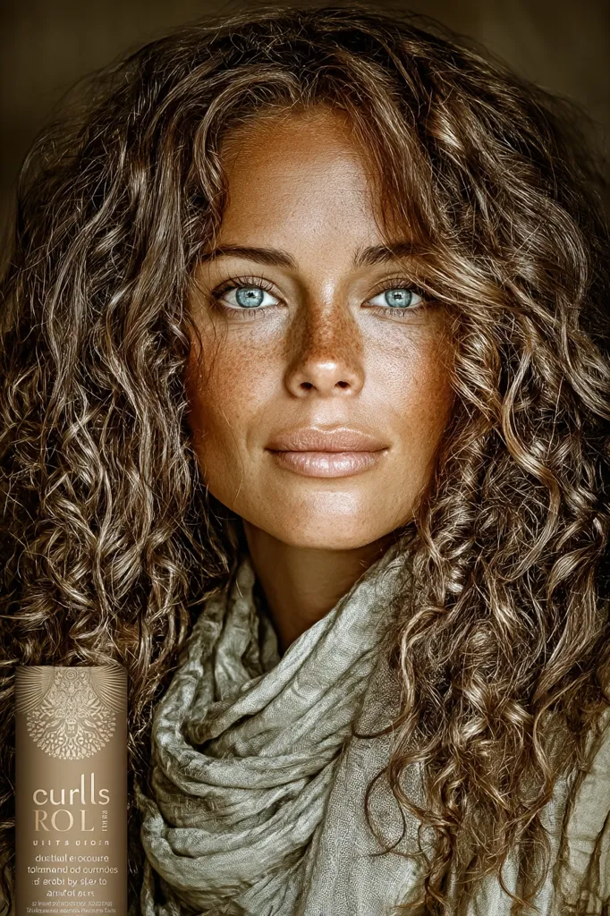 A woman with long, voluminous, curly brown hair and freckles looks at the camera. Her light-brown eyes are striking against her tanned skin. She wears a light-beige scarf wrapped around her neck.  A bottle of "curlls ROL" hair product is partially visible, suggesting a product advertisement. The image is styled with warm, earthy tones.