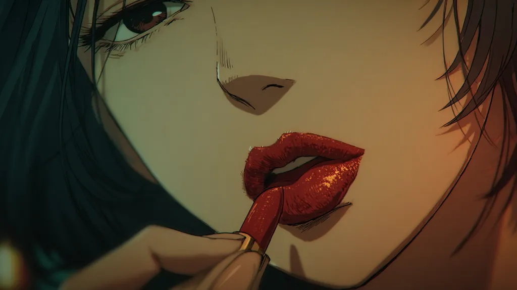 Close-up illustration of a woman with dark hair applying red lipstick.  Her expression is subtly serious, and the style is reminiscent of graphic novels or anime. The lighting is warm and dramatic, focusing on the details of her face and the application of the makeup.  The overall mood is stylish and slightly mysterious.