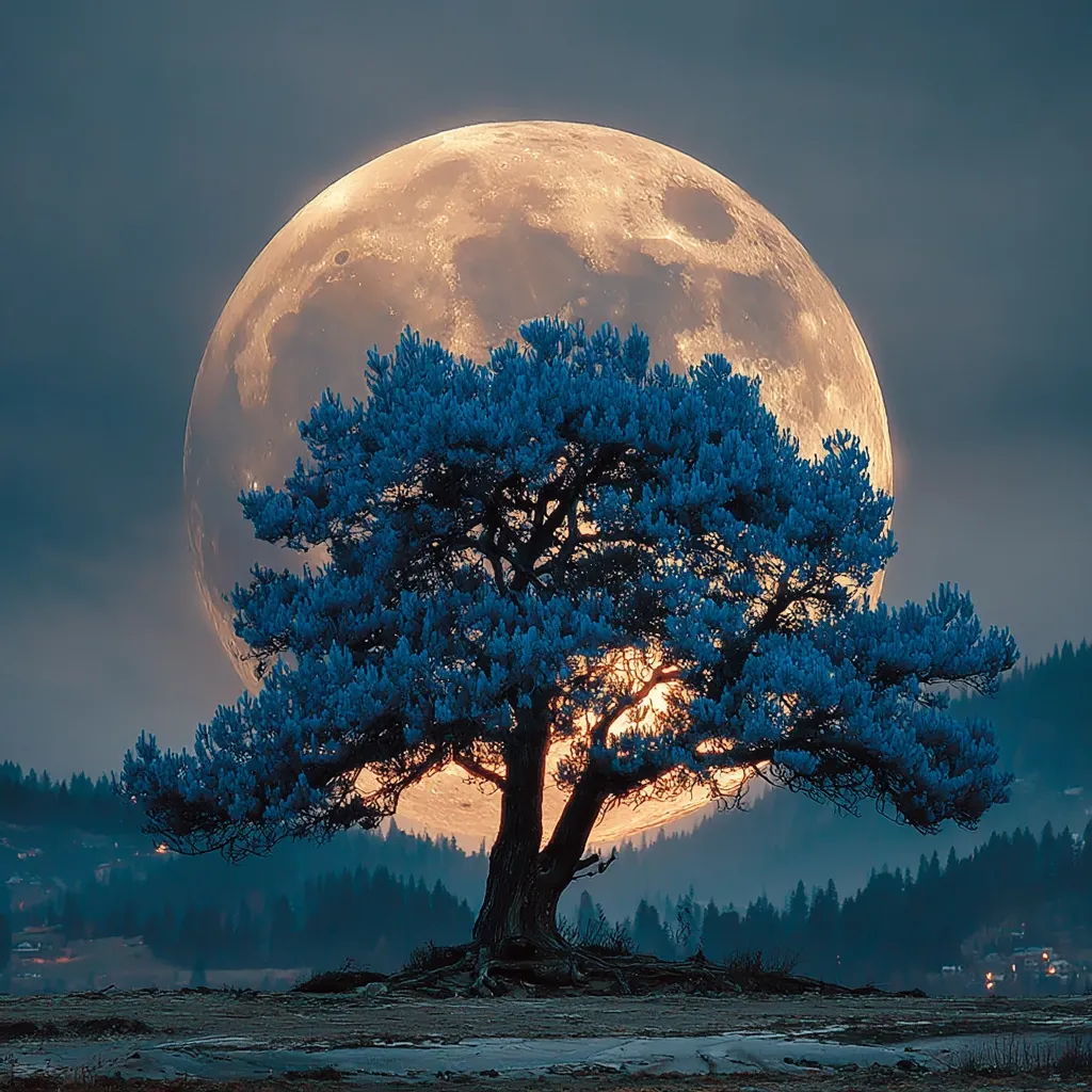 A majestic, vibrant blue pine tree stands silhouetted against a massive, luminous full moon.  The moon's warm glow bathes the tree, contrasting with the cool blue of its needles.  A dark, misty forest stretches across the background, with faint lights suggesting a distant town. The scene evokes a sense of serenity and mystical wonder.