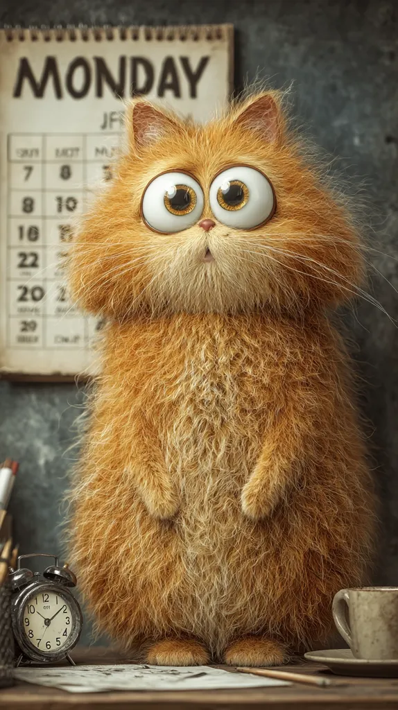 A fluffy, orange cartoon cat with large, expressive eyes stands before a desk calendar showing Monday.  The cat appears apprehensive or perhaps bored. A vintage alarm clock and a coffee cup sit on the wooden desk, adding to the scene's cozy, slightly melancholic atmosphere.  The overall style is whimsical and 3D rendered.