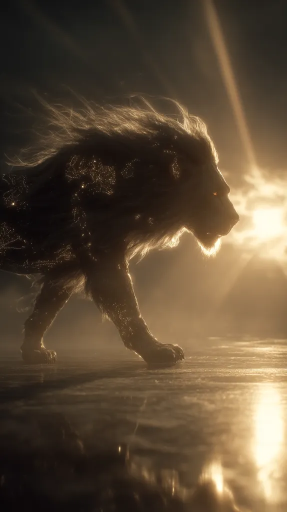 A majestic lion, its mane flowing in the wind, strides across a smooth, reflective surface.  The lion appears ethereal, its body subtly illuminated with golden light, resembling constellations.  A setting sun casts a warm glow, creating a dramatic and mystical atmosphere.  The image evokes feelings of power, serenity, and the beauty of nature.