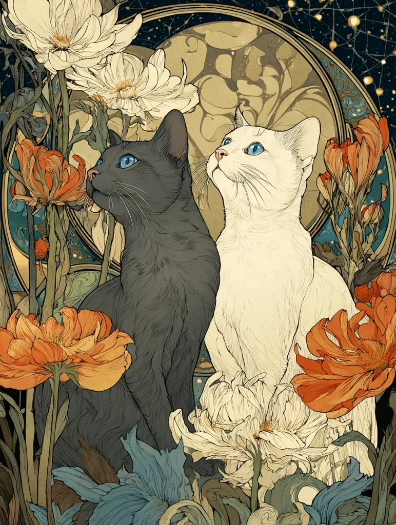 A captivating illustration showcases two cats, one dark gray and the other white, amidst a vibrant garden.  Their striking blue eyes are directed upwards, suggesting a sense of wonder.  The art style is reminiscent of Art Nouveau, with detailed floral elements and a celestial background, creating a dreamlike and elegant atmosphere.  The composition is balanced and harmonious, featuring a blend of realistic and stylized elements.