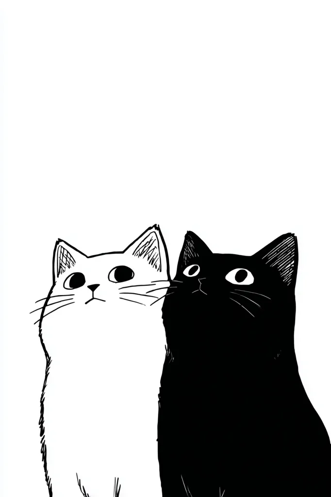 A minimalist illustration showcases a white cat and a black cat side-by-side, their bodies oriented slightly towards each other.  Both cats are depicted in a simple, line-art style against a stark white background, creating a striking contrast.  Their large, expressive eyes are prominent features, giving them an endearing and curious expression. The overall aesthetic is clean and charming.