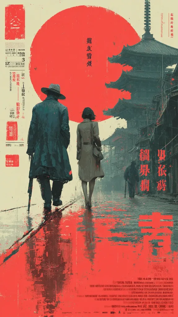 A film poster features a large red circle behind two figures walking away from the viewer down a rain-slicked street in a Japanese-style town. A pagoda is visible in the background. The color scheme is muted with bold red accents. The title, written in Asian characters, is prominently displayed. The overall mood is somber and mysterious.