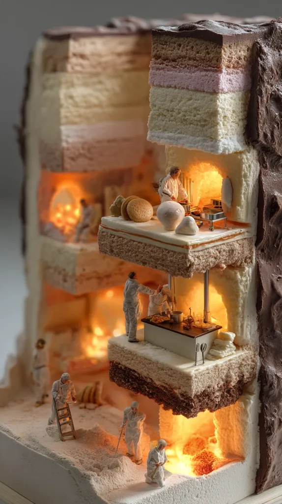 A cross-section of a layered cake reveals a miniature world inside.  Tiny figures, dressed in white, work in various sections of the cake-turned-factory.  They bake, prepare ingredients, and even seem to be cleaning the "floor" of confectionery dust. Warm, inviting lighting illuminates the busy scene within this delectable diorama.