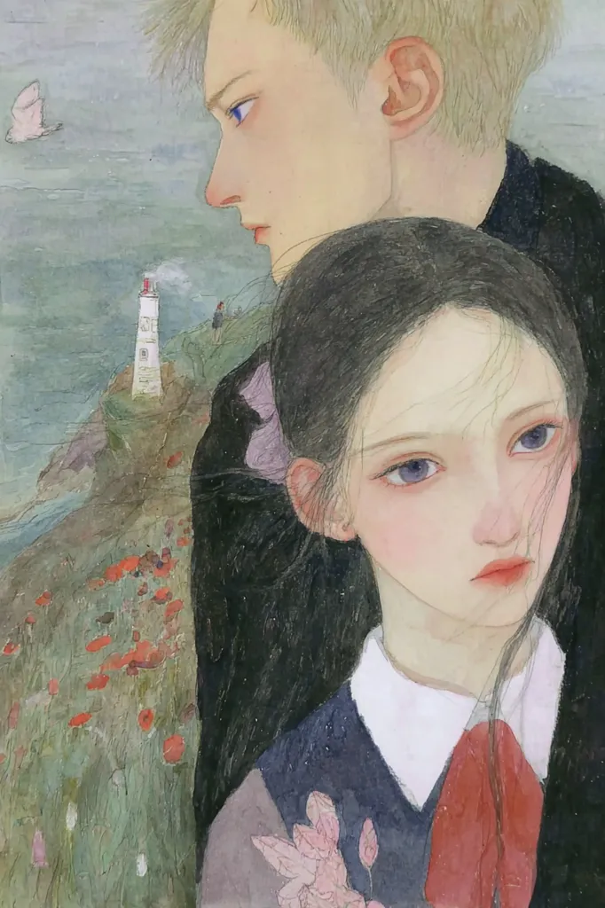 A watercolor painting depicts a young couple standing close together, their faces partially obscured.  The woman's dark hair flows down her back, and she wears a collared shirt with a red bow.  A distant lighthouse stands on a cliff overlooking a calm sea scattered with red poppies.  The overall mood is serene yet melancholic, with muted colors and soft lines suggesting a quiet intimacy.