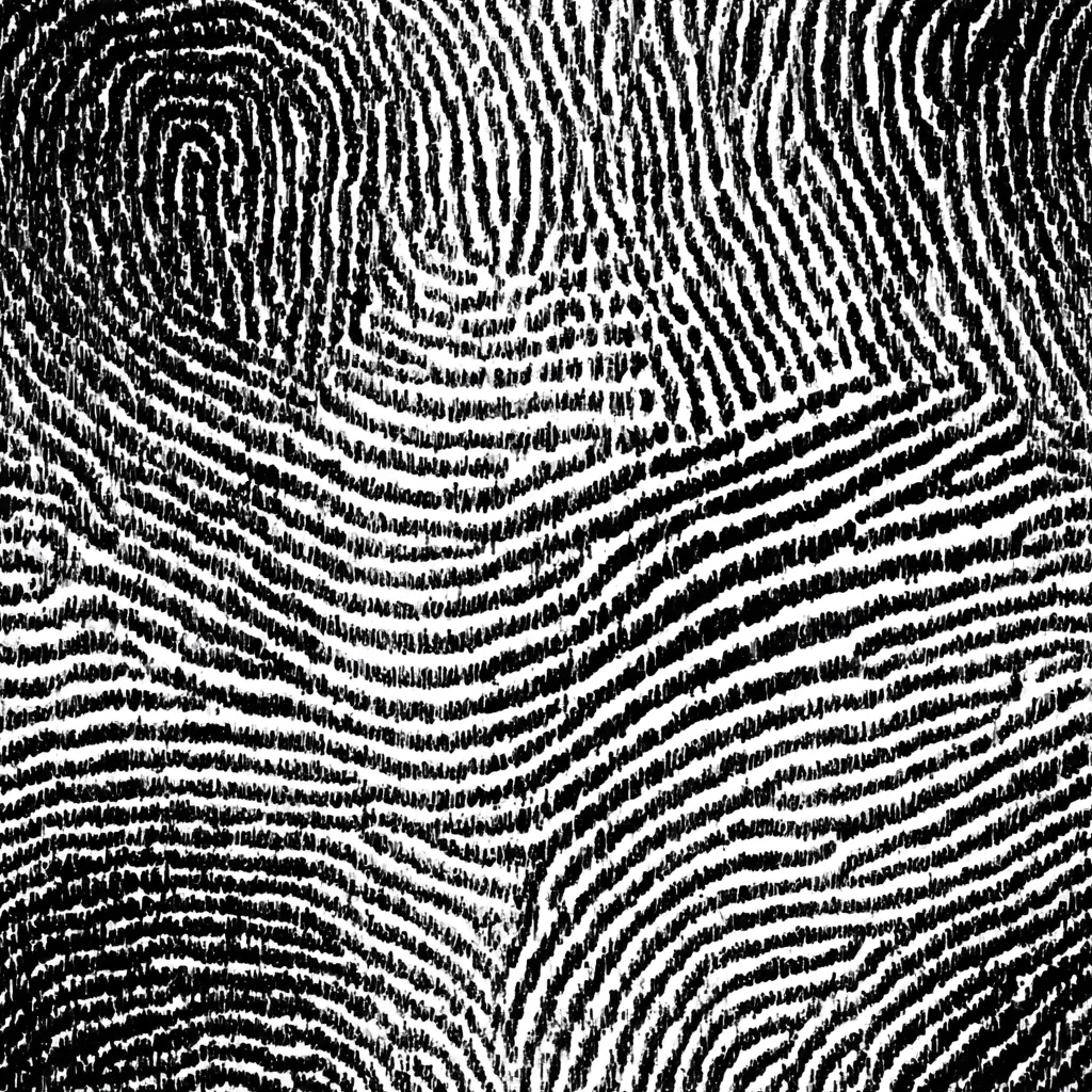 The image shows a detailed close-up of a fingerprint, rendered in high contrast black and white.  The intricate pattern of ridges and valleys is clearly visible, showcasing the unique whorls and curves characteristic of human fingerprints. The texture appears grainy, possibly due to the printing or scanning process. The overall effect is a striking visual representation of biometric identification.