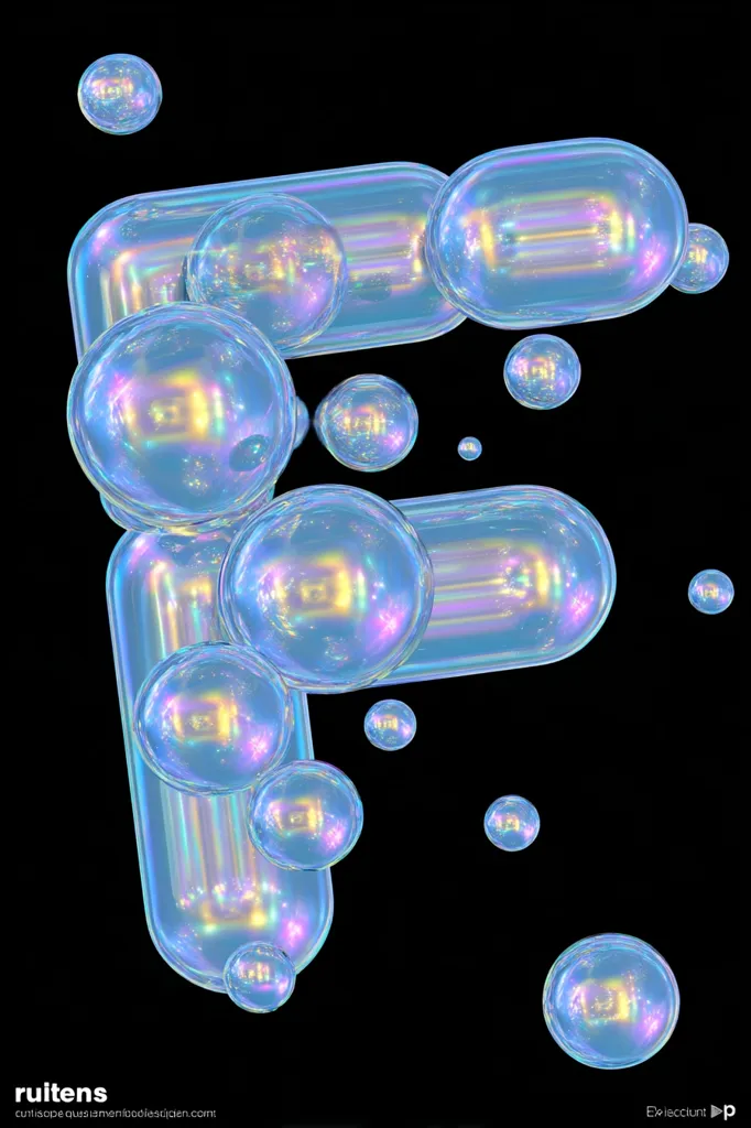 A 3D rendering of the letter "F" formed from iridescent soap bubbles.  The bubbles are various sizes, some clustered together to create the shape of the letter against a black background.  The overall effect is ethereal and playful, highlighting the reflective and translucent qualities of the soap film.  Smaller bubbles drift around the larger ones that construct the letter.
