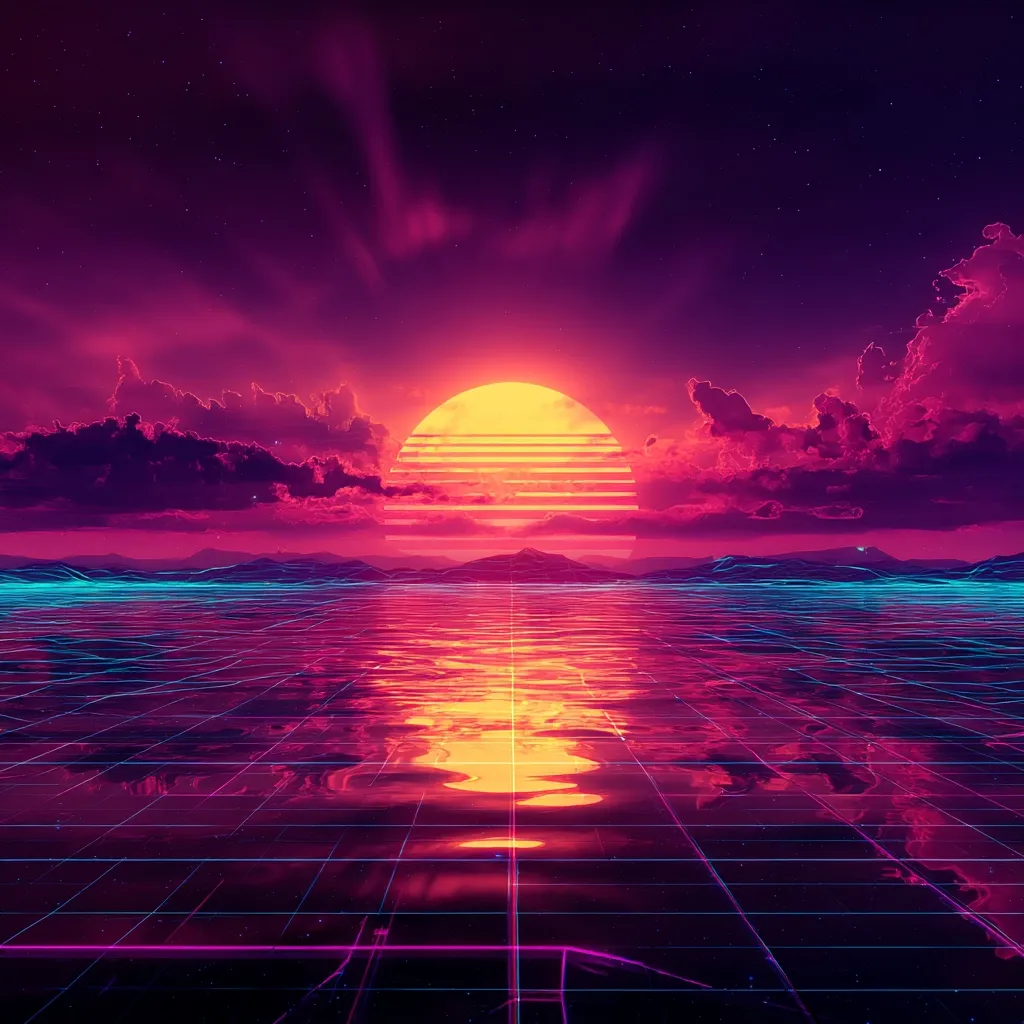 A vibrant 80s-inspired digital artwork depicts a sunset over a calm body of water.  The sun, a bright yellow-orange, is overlaid with stylized horizontal stripes, reflecting on the water's surface.  Pink and purple hues dominate the sky and clouds, while neon-colored grid lines crisscross the water, creating a retro-futuristic aesthetic.  Silhouetted hills are visible on the horizon under a starry night sky.
