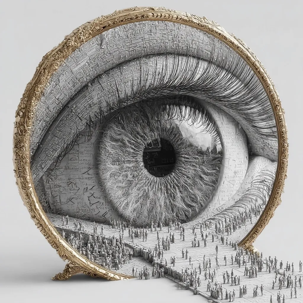 A large, ornate gold frame encircles a meticulously detailed eye, its iris resembling a miniature city teeming with tiny figures.  The eye's texture is intricate, composed of what appears to be text and architectural elements.  The overall image is a surreal and captivating blend of macro and micro perspectives, creating a sense of depth and overwhelming scale.