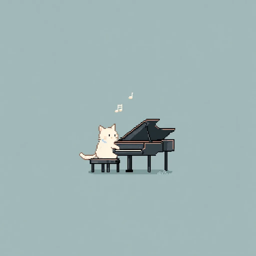 A pixel art image depicts a cute, cream-colored cat seated at a black grand piano.  Musical notes float above the piano. The cat appears to be playing, creating a whimsical and charming scene.  The minimalist background is a muted blue-gray, emphasizing the simplicity and sweetness of the illustration.  The overall style is reminiscent of children's book illustrations or online emoticons.