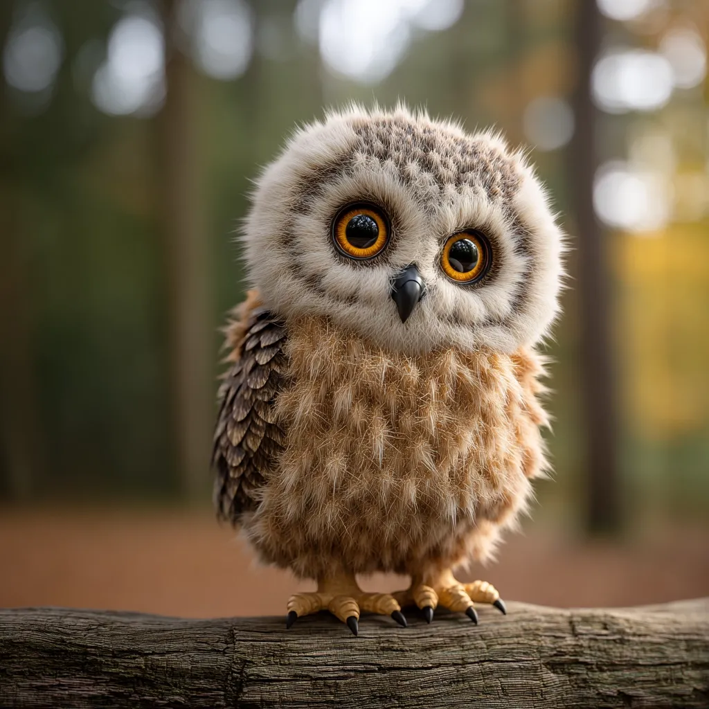 A fluffy owlet with large, bright orange eyes sits perched on a weathered log.  Its soft, brown and white plumage is dense and appears incredibly soft. The blurred background suggests a forest setting, with autumnal colors hinting at the season. The owlet's gaze is directed forward, creating a captivating and endearing image.