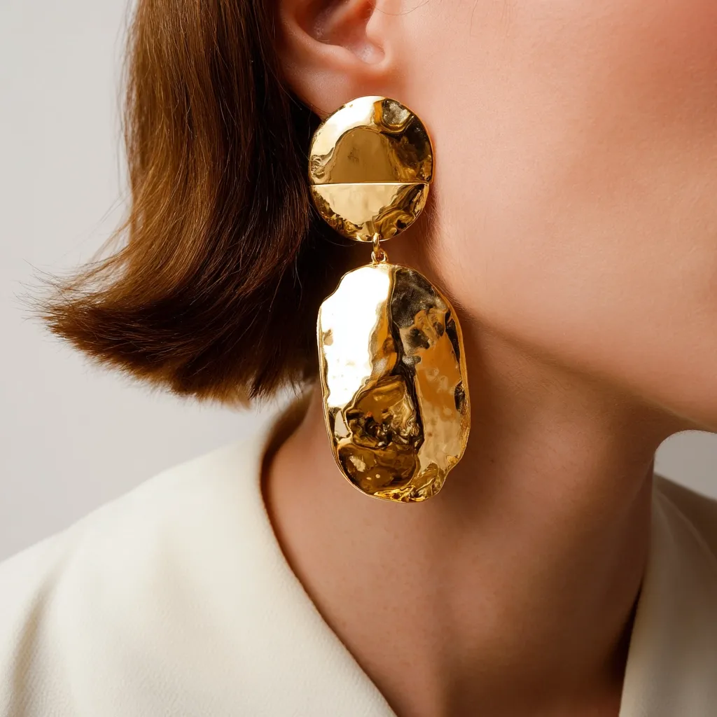 Close-up of a woman with short brown hair wearing large, gold, hammered-effect statement earrings.  The earrings are two-tiered, with a smaller, flat disc topping a larger, irregular oval shape. The gold has a textured, almost molten appearance.  The earrings are a bold and modern accessory.