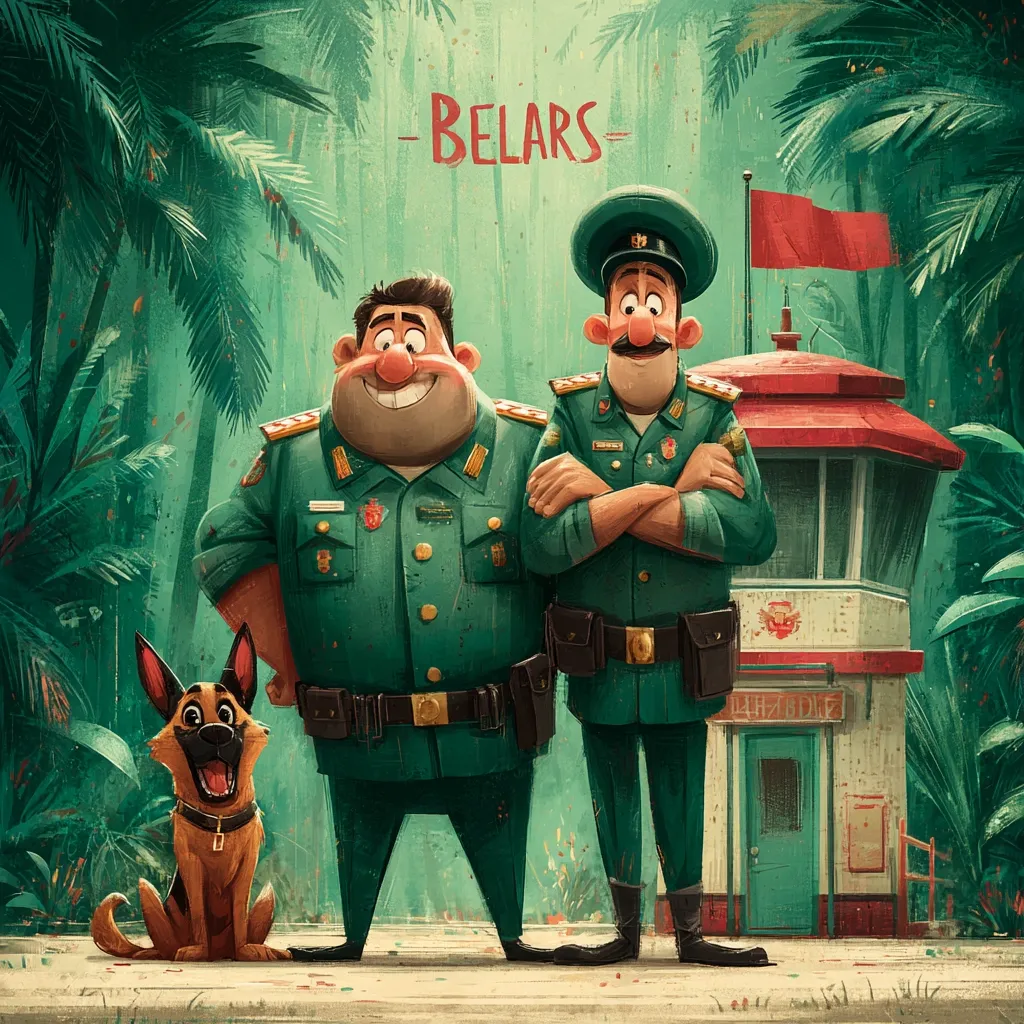 A whimsical illustration depicts two cartoon border guards in green uniforms, one stout and one tall, standing proudly with arms crossed before a small guard post in a lush, tropical setting.  A cheerful German Shepherd sits attentively at their feet.  The word "BELARS" is prominently displayed, suggesting a location or perhaps a playful title.  The style is vibrant and stylized, blending cartoonish features with a slightly textured, painterly effect.