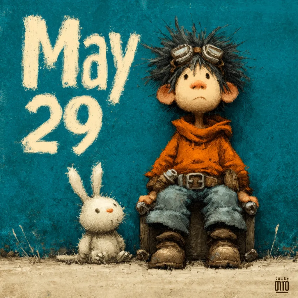 A whimsical illustration depicts a boy with spiky hair and goggles sitting on a small stool beside a white rabbit.  The date "May 29" is painted on a teal background behind them. The boy, dressed in an orange shirt and blue jeans, wears a belt with pouches. The style is reminiscent of children's book illustration, with a textured, painterly quality.  The overall mood is quiet and contemplative.