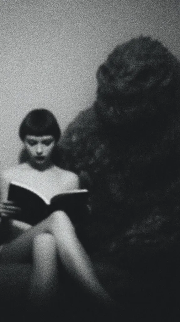 A black and white, slightly out-of-focus photograph depicts a young woman with short, dark hair sitting and reading a book.  She is softly lit, her expression serene.  A large, dark, indistinct form looms behind her, adding to the mysterious and somewhat somber mood of the image. The overall effect is one of quiet contemplation and enigmatic atmosphere.