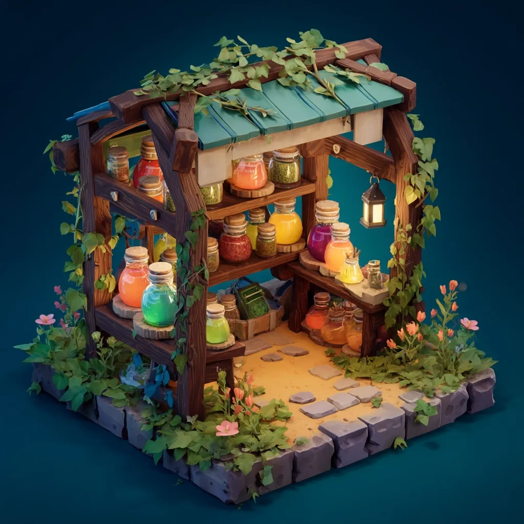 A charming, whimsical apothecary stall, crafted in a low-poly style, sits nestled amidst lush greenery.  Shelves overflow with vibrantly colored potions in glass jars, bathed in warm light from a hanging lantern.  Ivy climbs the rustic wooden structure, adding to its fairytale charm.  The ground is paved with small stones, and wildflowers add a touch of nature's beauty.  The overall scene is one of enchanting fantasy.