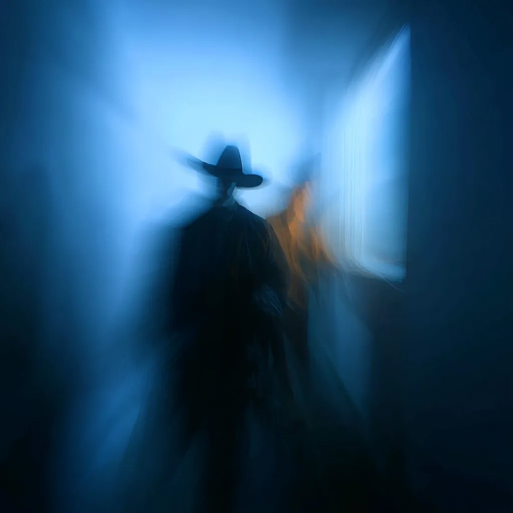A blurred, ethereal figure in a wide-brimmed hat dominates a dimly lit scene.  The shadowy form, possibly a man, appears spectral against a blue-tinged background.  Motion blur adds to the mysterious and ghostly ambiance, suggesting movement or a fleeting presence.  Another indistinct shape is visible, adding to the overall sense of mystery and unease.
