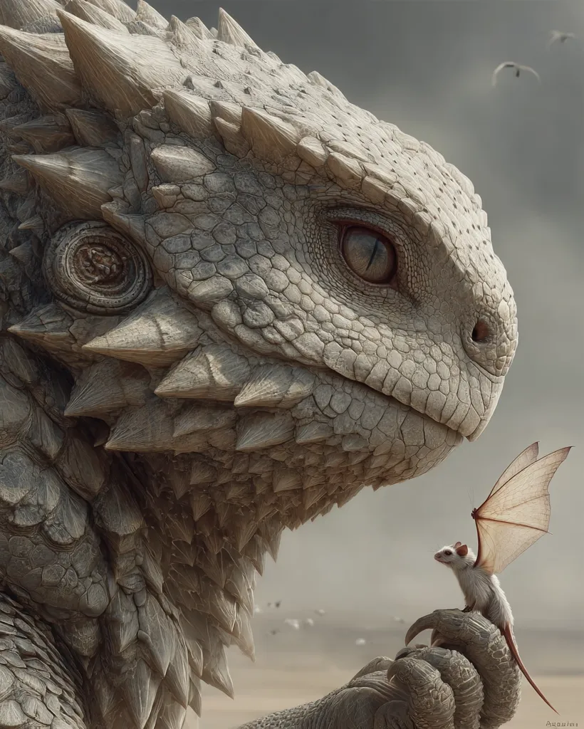 A majestic, stone-like dragon, detailed with textured scales and spines, dominates the foreground.  Its gaze is focused on a small, winged mouse perched delicately on its claw.  The setting appears to be a desolate, sandy landscape under a muted sky. The contrast between the colossal dragon and the tiny creature creates a dramatic and intriguing scene.  The image evokes a sense of ancient power and unexpected gentleness.