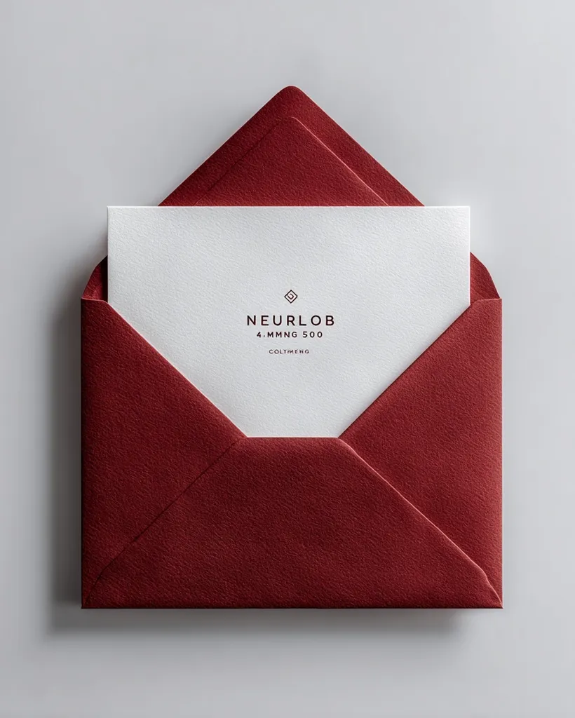 A crisp white card sits inside a deep red envelope.  The card features minimalist typography, displaying "NEURLØB," "4.MMNG 500," and "COLTMENG," suggesting a brand or location. The overall aesthetic is clean, modern, and sophisticated. The image's high-quality presentation highlights the texture of the paper and the rich color of the envelope.