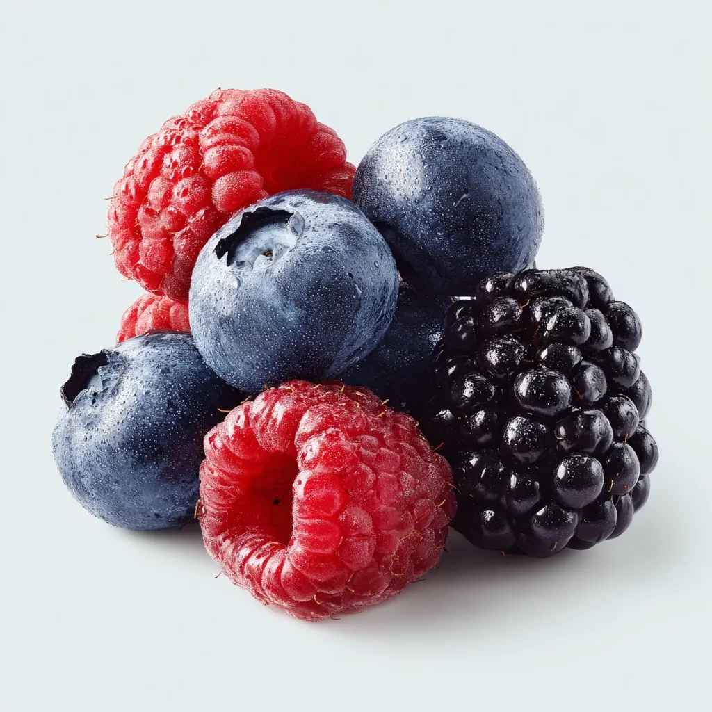 A close-up shot of a cluster of fresh berries.  Two plump raspberries, their red surfaces glistening, are nestled beside juicy blueberries and a dark, ripe blackberry.  The berries appear to be wet, enhancing their vibrant colors and adding a sense of freshness.  The overall composition is visually appealing, showcasing the natural beauty of the fruit.