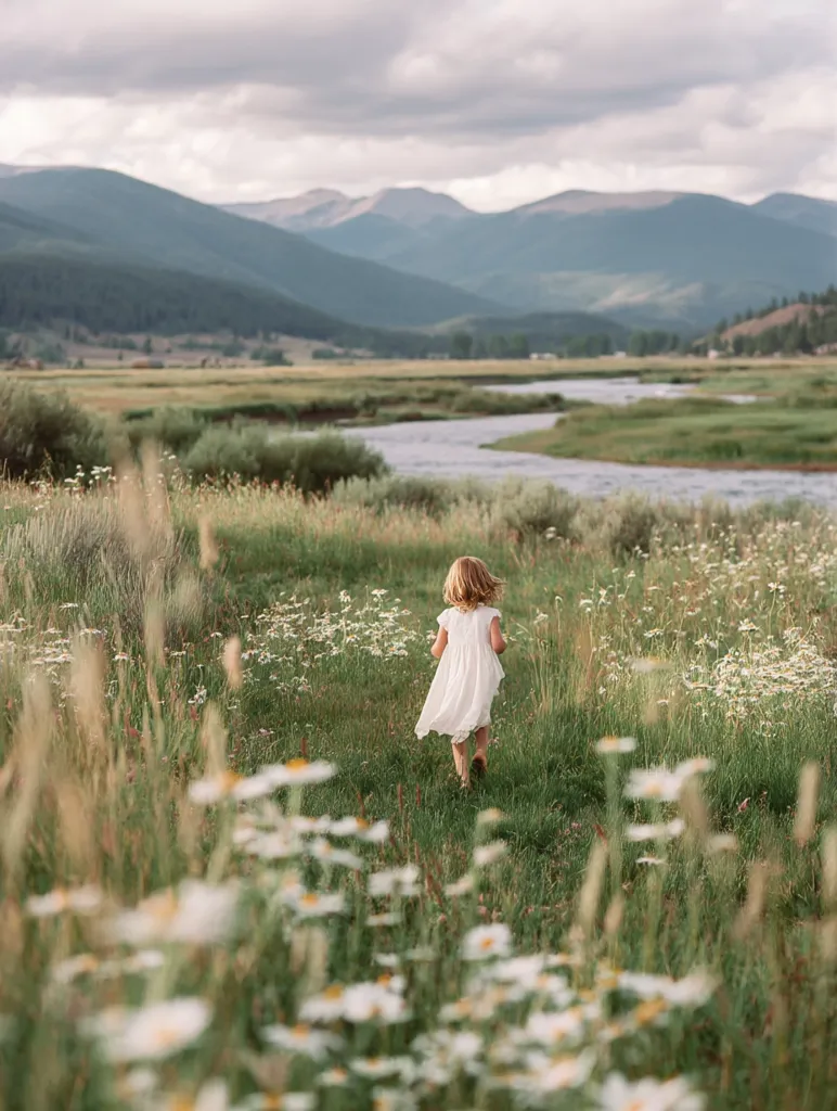 A little girl in a white dress runs through a field of wildflowers towards a meandering river.  Rolling green hills and mountains form a picturesque backdrop under a slightly cloudy sky. The scene evokes a sense of freedom and natural beauty.  The focus is on the child's journey into the idyllic landscape.
