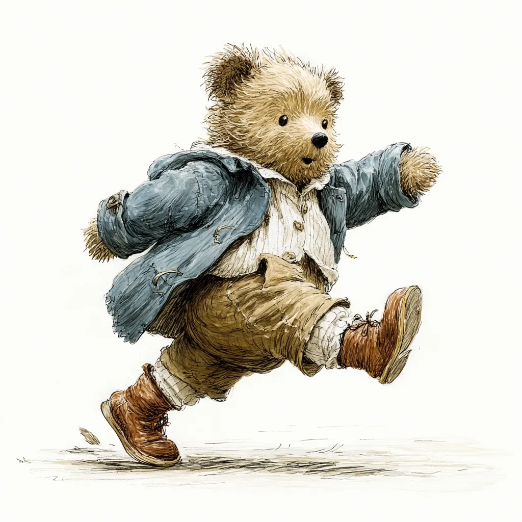 A whimsical illustration of a teddy bear in mid-stride, joyfully running.  The bear wears a denim jacket, a striped shirt, and brown trousers, complemented by sturdy brown boots.  Its fur is light brown, and its expression is one of happy energy. The style is reminiscent of children's book illustration, with a loose, textured quality to the drawing.  The background is plain white, focusing attention on the lively bear.