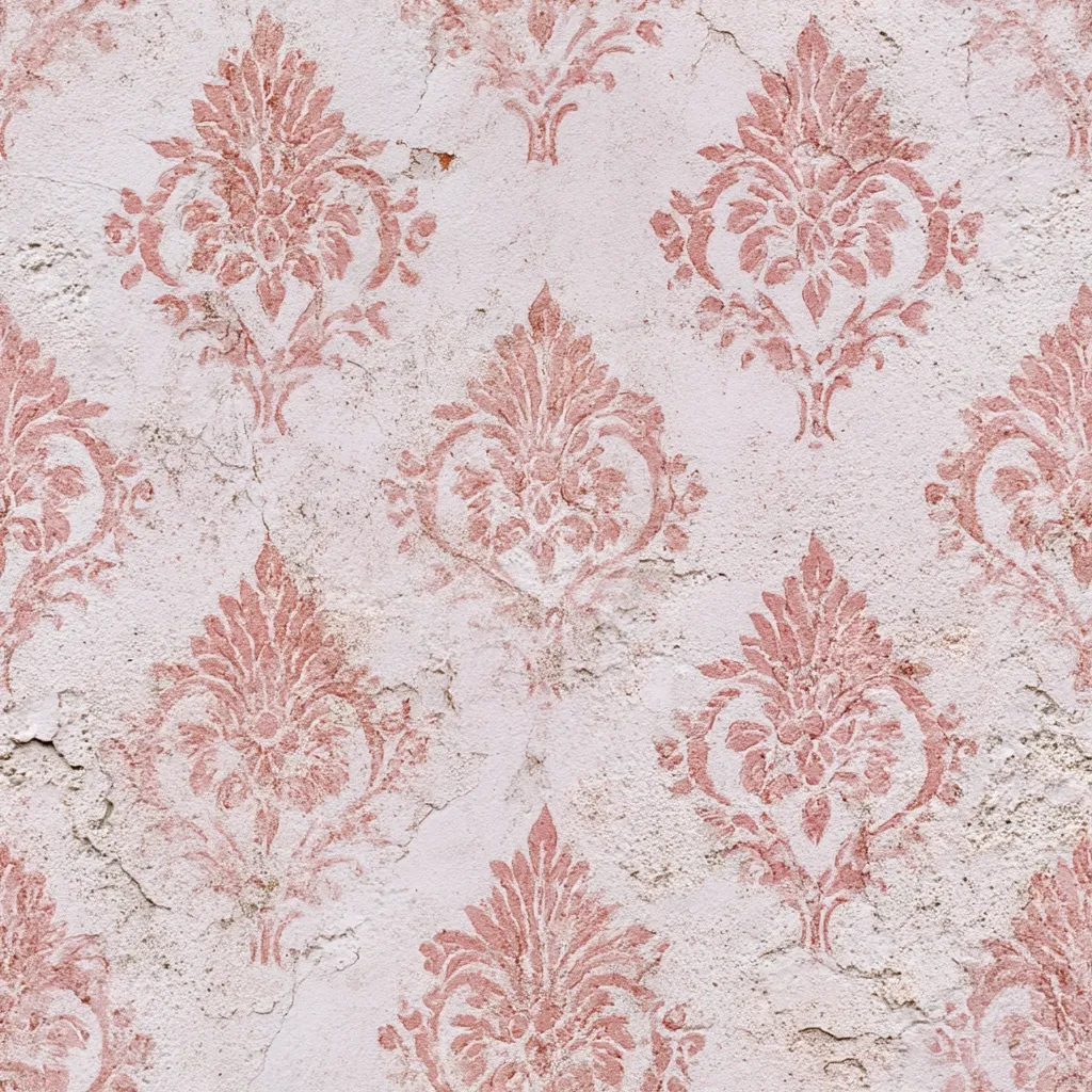 A textured off-white wall is adorned with a repeating pattern of faded, dusty rose damask.  The intricate floral designs are slightly distressed, showing the texture of the underlying wall through cracks and wear. The overall effect is antique and elegant, reminiscent of aged wallpaper or plasterwork.