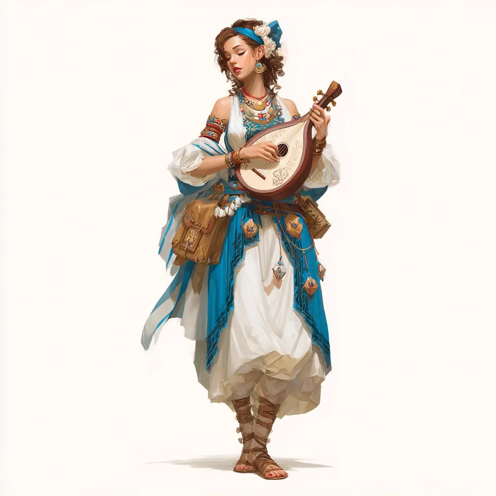A young woman, dressed in flowing white and teal clothing adorned with pouches and jewelry, plays a lute. Her dark hair is styled up, and she wears a headband.  Her expression is serene as her fingers delicately move across the strings of the instrument. The overall style suggests a fantasy or medieval setting.  She is depicted against a stark white background.