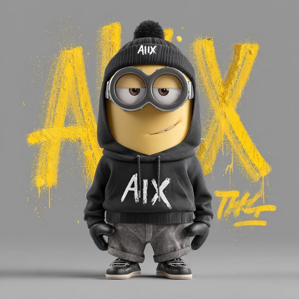 A Minion is stylishly dressed in a black hoodie and beanie, both adorned with the "AIX" logo.  The Minion sports black gloves and grey pants, completing a cool, urban look.  A yellow graffiti-style "AIX" backdrop adds to the edgy vibe of the image. The Minion's expression is subtly mischievous.